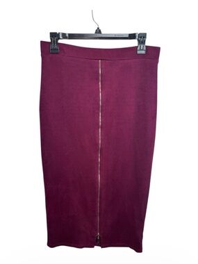 NUDE Faux Suede Pencil Midi Skirt L Burgundy Full Zip Back $69 Retail